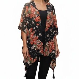 Maurices Black Floral Tassel Hem Kimono